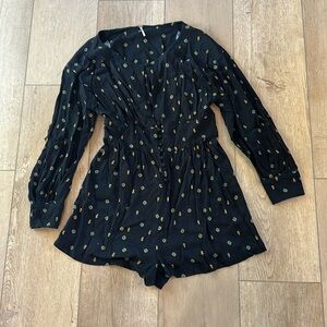 Free People Black Love Grows Romper Women's Size L Keyhole Button Down Printed